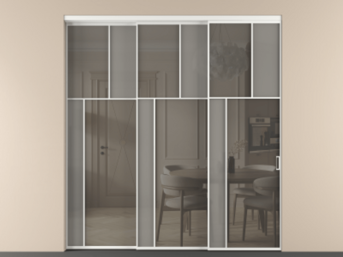 Перегородка Мозаик внутри проёма 3 створки с синхронным механизмом АЛПР 041.22 Алюминий белоснежный Сатинированное серое стекло, триплекс, 6 мм + Прозрачное серое стекло, триплекс. Цена 437390 ₽ . Фабрика дверей Волховец 8 (800) 551 43 19 Перегородка Мозаик внутри проёма 3 створки с синхронным механизмом АЛПР 041.22 Алюминий белоснежный Сатинированное серое стекло, триплекс, 6 мм + Прозрачное серое стекло, триплекс Цена 437390 ₽ | Volhovec