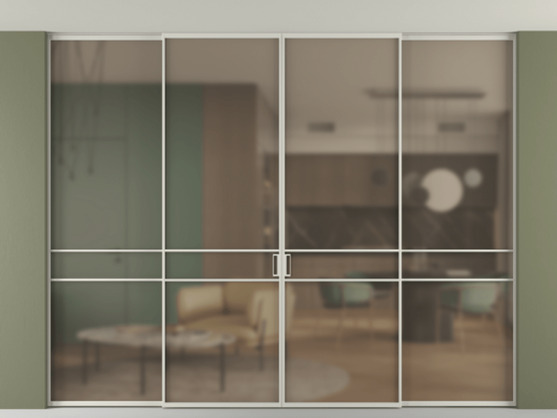 Перегородка Formato внутри проёма скрытое крепление в потолок 4 створки АЛПР 040.02 Алюминий тёплый серый Сатинированное бронзовое стекло, триплекс. Цена 440530 ₽ 1. Полотно 4 шт. (800/2100 мм)
2. Комплект установки раздвижной системы
3. Базовый комплект фурнитуры
4.Ручка RONDO. Фабрика дверей Волховец 8 (800) 551 43 19 Перегородка Formato внутри проёма скрытое крепление в потолок 4 створки АЛПР 040.02 Алюминий тёплый серый Сатинированное бронзовое стекло, триплекс Цена 440530 ₽ | Volhovec