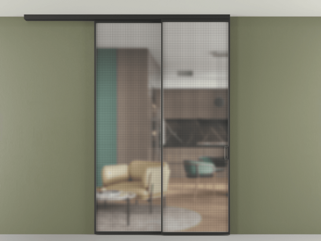 Перегородка Formato вдоль стены на потолок телескопик синхро 2 АЛПР 040.01 Алюминий Черный Декоративное стекло с сеткой "Mesh silver", триплекс, 6 мм. Скрытый короб ЧЕР Цена 279070 ₽ 1. Полотно 2 шт.  (800/2100 мм)
2. Комплект установки раздвижной системы
3. Базовый комплект фурнитуры
4.Ручка RONDO
. Фабрика дверей Волховец 8 (800) 551 43 19  Перегородка Formato вдоль стены на потолок телескопик синхро 2 АЛПР 040.01 Алюминий Черный Декоративное стекло с сеткой "Mesh silver", триплекс, 6 мм Цена 279070 ₽ | Volhovec