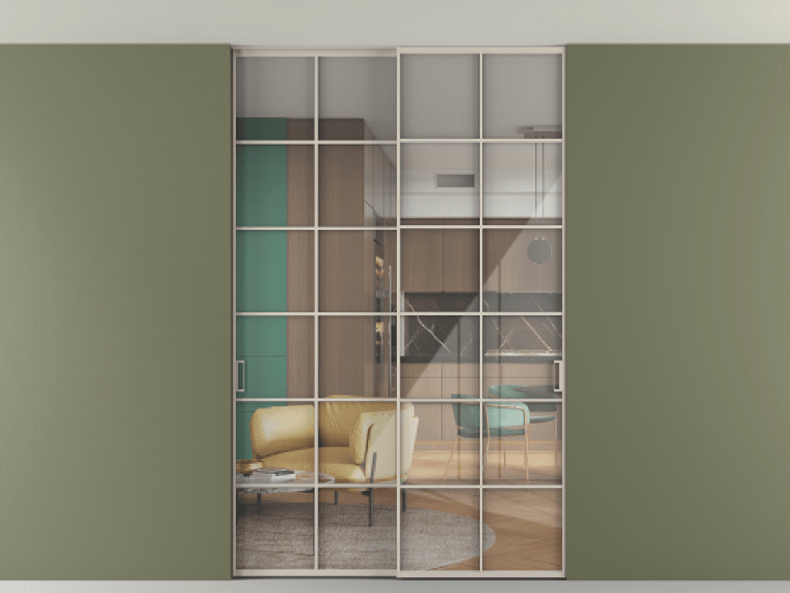 Перегородка Formato внутри проёма скрытое крепление в потолок 2 створки АЛПР 040.05 Алюминий светло-бежевый Рефлективное прозрачное стекло "Stopsol", калёное. Цена 322680 ₽ 1. Полотно 2 шт. (800/2100 мм)
2. Комплект установки раздвижной системы
3. Базовый комплект фурнитуры
4. Ручка RONDO. Фабрика дверей Волховец 8 (800) 551 43 19 Перегородка Formato внутри проёма скрытое крепление в потолок 2 створки АЛПР 040.05 Алюминий светло-бежевый Рефлективное прозрачное стекло "Stopsol", калёное Цена 322680 ₽ | Volhovec