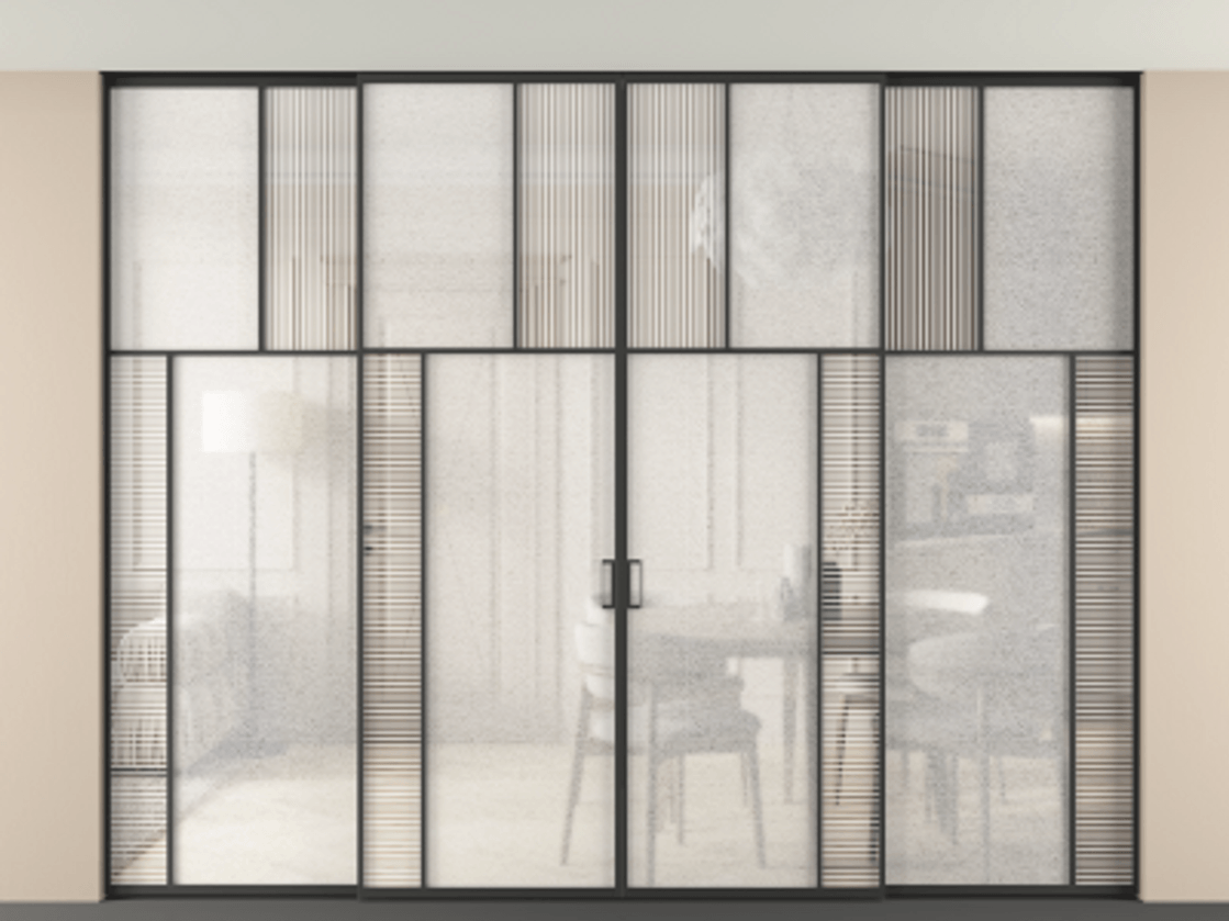 Перегородка Mosaic внутри проёма четырёхстворчатая со скрытым креплением в потолок АЛПР 041.23 Алюминий Черный Рифлёное стекло "Дюна", триплекс, 6 мм + Фактурное стекло "Лёд", триплекс. Скрытый короб ЧЕР Цена 606140 ₽ . Фабрика дверей Волховец 8 (800) 551 43 19 Перегородка Mosaic внутри проёма четырёхстворчатая со скрытым креплением в потолок АЛПР 041.23 Алюминий Черный Рифлёное стекло "Дюна", триплекс, 6 мм + Фактурное стекло "Лёд", триплекс Цена 606140 ₽ | Volhovec