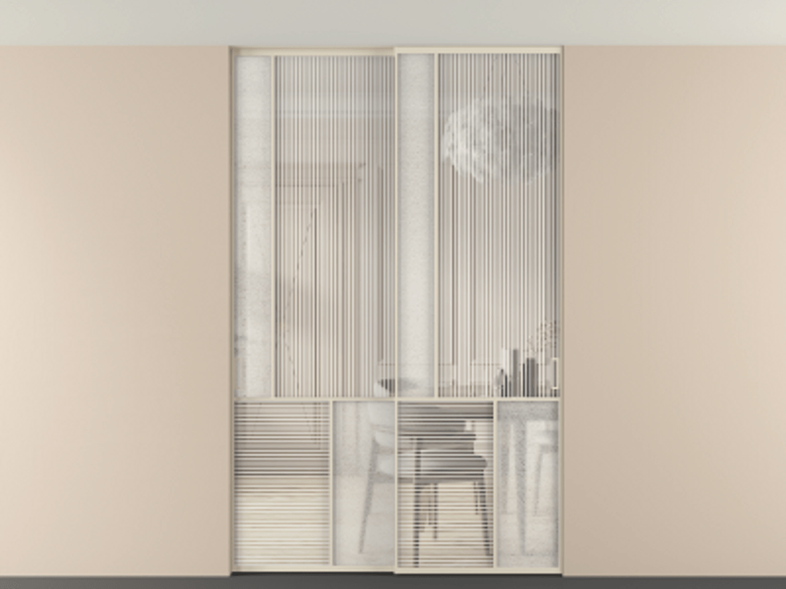 Перегородка Мозаик внутри проёма скрытое крепление в потолок 2 створки АЛПР 041.20 Алюминий бежево-серый Рифлёное стекло "Дюна", триплекс, 6 мм + Фактурное стекло "Лёд", триплекс. Цена 340580 ₽ . Фабрика дверей Волховец 8 (800) 551 43 19 Перегородка Мозаик внутри проёма скрытое крепление в потолок 2 створки АЛПР 041.20 Алюминий бежево-серый Рифлёное стекло "Дюна", триплекс, 6 мм + Фактурное стекло "Лёд", триплекс Цена 340580 ₽ | Volhovec