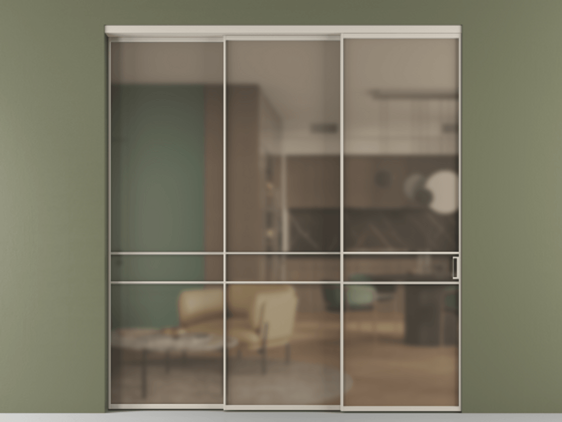 Перегородка Формато внутри проёма 3 створки с синхронным механизмом АЛПР 040.02 Алюминий светло-бежевый Сатинированное бронзовое стекло, триплекс. Цена 290090 ₽ 1. Полотно 3 шт. (800/2100 мм)
2. Комплект установки раздвижной системы
3. Базовый комплект фурнитуры
4. Комплект фурнитуры телескопик синхро-2
5.Ручка Рондо. Фабрика дверей Волховец 8 (800) 551 43 19 Перегородка Формато внутри проёма 3 створки с синхронным механизмом АЛПР 040.02 Алюминий светло-бежевый Сатинированное бронзовое стекло, триплекс Цена 290090 ₽ | Volhovec