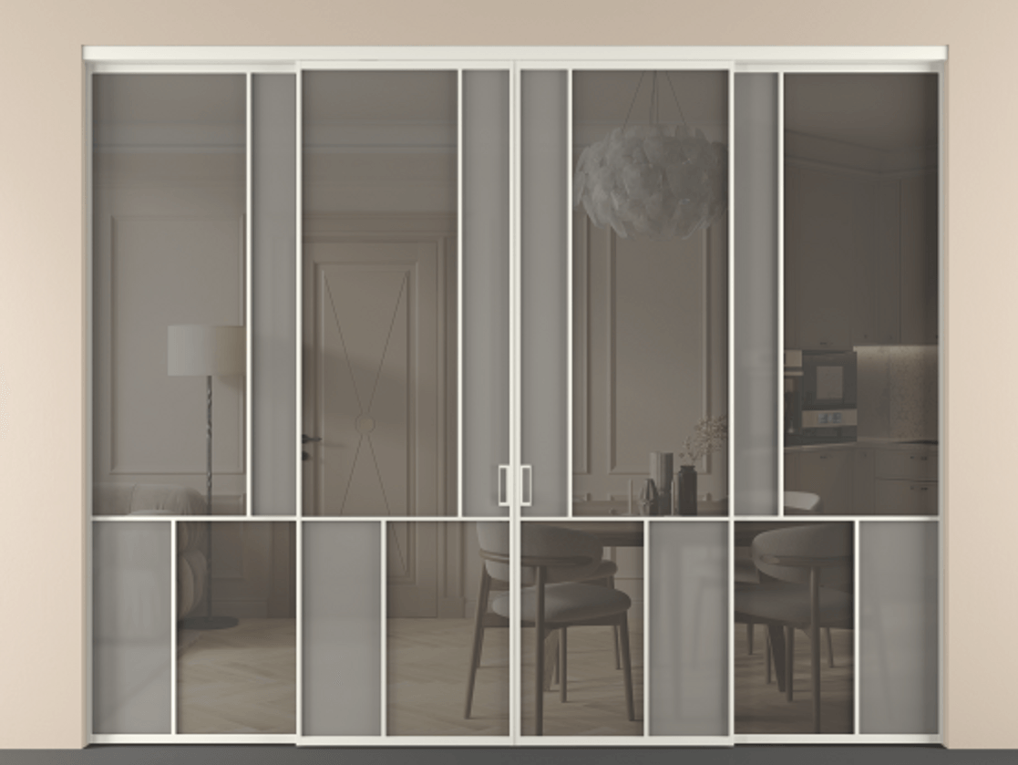 Перегородка Mosaic внутри проёма 4 створки АЛПР 041.20 Алюминий Белый Сатинированное серое стекло, триплекс, 6 мм + Прозрачное серое стекло, триплекс. Скрытый короб БЕЛ Цена 441960 ₽ . Фабрика дверей Волховец 8 (800) 551 43 19 Перегородка Mosaic внутри проёма 4 створки АЛПР 041.20 Алюминий Белый Сатинированное серое стекло, триплекс, 6 мм + Прозрачное серое стекло, триплекс Цена 441960 ₽ | Volhovec