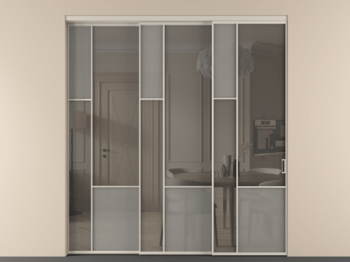 Перегородка Мозаик внутри проёма 3 створки с синхронным механизмом АЛПР 041.13 Алюминий светло-бежевый Сатинированное серое стекло, триплекс, 6 мм + Прозрачное серое стекло, триплекс. Цена 437390 ₽ . Фабрика дверей Волховец 8 (800) 551 43 19 Перегородка Мозаик внутри проёма 3 створки с синхронным механизмом АЛПР 041.13 Алюминий светло-бежевый Сатинированное серое стекло, триплекс, 6 мм + Прозрачное серое стекло, триплекс Цена 437390 ₽ | Volhovec