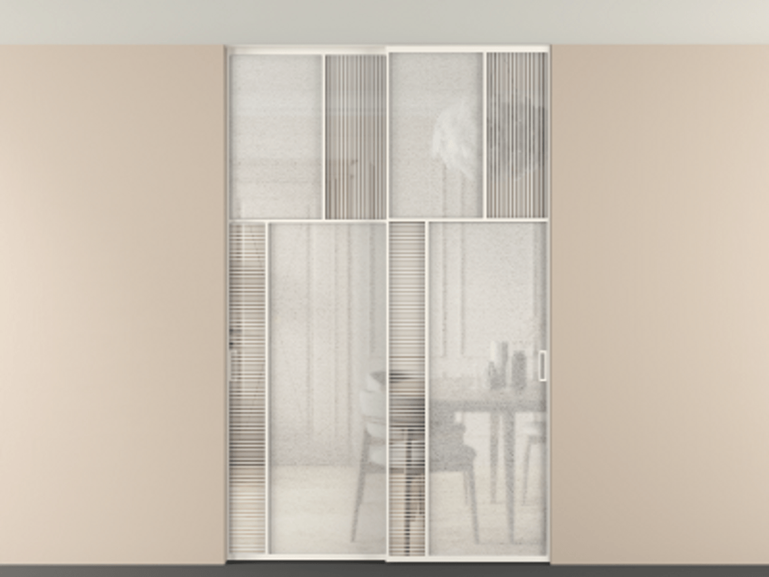 Перегородка Мозаик внутри проёма скрытое крепление в потолок 2 створки АЛПР 041.22 Алюминий пудровый белый Рифлёное стекло "Дюна", триплекс, 6 мм + Фактурное стекло "Лёд", триплекс. Цена 340580 ₽ . Фабрика дверей Волховец 8 (800) 551 43 19 Перегородка Мозаик внутри проёма скрытое крепление в потолок 2 створки АЛПР 041.22 Алюминий пудровый белый Рифлёное стекло "Дюна", триплекс, 6 мм + Фактурное стекло "Лёд", триплекс Цена 340580 ₽ | Volhovec