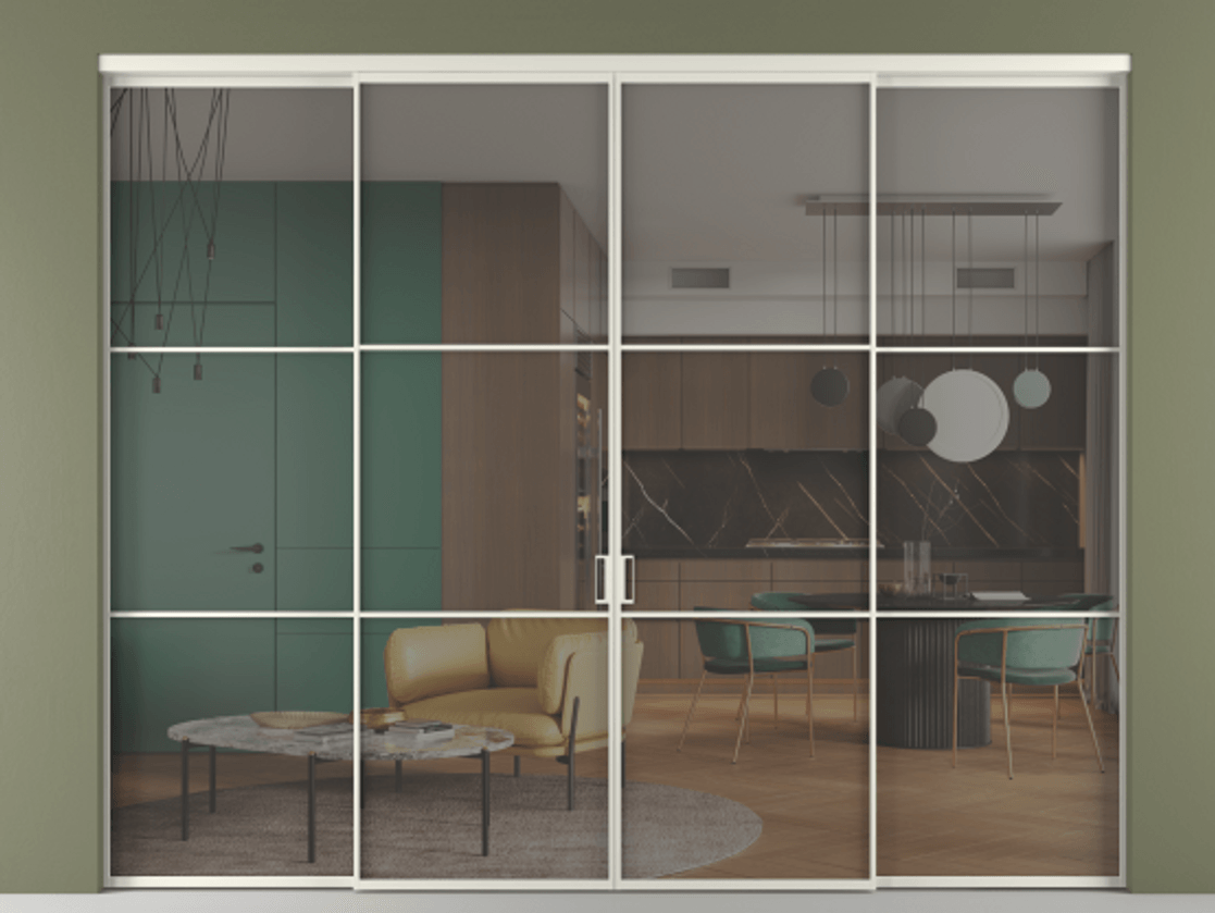 Перегородка Formato внутри проёма четырёхстворчатая АЛПР 040.03 Алюминий Белый Прозрачное серое стекло, триплекс. Скрытый короб БЕЛ Цена 324000 ₽ 1. Полотно 4 шт. (800/2100 мм)
2. Комплект установки раздвижной системы
3. Базовый комплект фурнитуры
4.Ручка RONDO. Фабрика дверей Волховец 8 (800) 551 43 19 Перегородка Formato внутри проёма четырёхстворчатая АЛПР 040.03 Алюминий Белый Прозрачное серое стекло, триплекс Цена 324000 ₽ | Volhovec