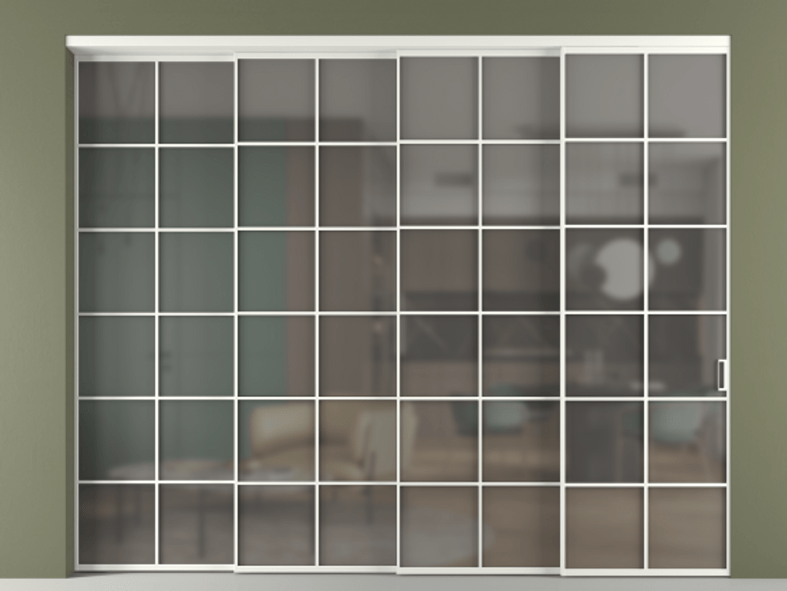 Перегородка Формато внутри проёма 4 створки с синхронным механизмом АЛПР 040.05 Алюминий светло-серый Сатинированное серое стекло, триплекс. Цена 488680 ₽ 1. Полотно 4 шт. (800/2100 мм)
2. Комплект установки раздвижной системы
3. Базовый комплект фурнитуры
4. Комплект фурнитуры телескопик синхро-3
5. Ручка Рондо. Фабрика дверей Волховец 8 (800) 551 43 19 Перегородка Формато внутри проёма 4 створки с синхронным механизмом АЛПР 040.05 Алюминий светло-серый Сатинированное серое стекло, триплекс Цена 488680 ₽ | Volhovec