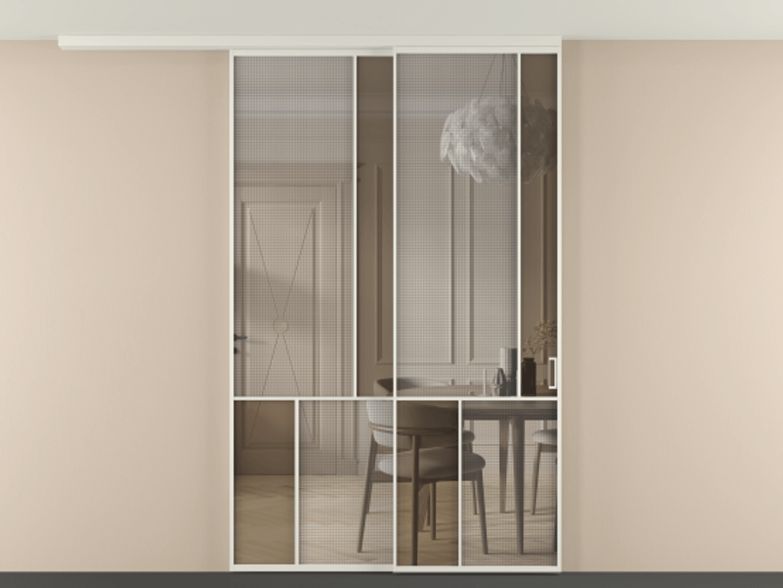 Перегородка Mosaic вдоль стены на потолок телескопик синхро 2 АЛПР 041.21 Алюминий Белый Декоративное стекло с сеткой "Mesh silver", триплекс, 6 мм + Прозрачное бронзовое стекло, триплекс, 6 мм. Скрытый короб БЕЛ Цена 322820 ₽ . Фабрика дверей Волховец 8 (800) 551 43 19 Перегородка Mosaic вдоль стены на потолок телескопик синхро 2 АЛПР 041.21 Алюминий Белый Декоративное стекло с сеткой "Mesh silver", триплекс, 6 мм + Прозрачное бронзовое стекло, триплекс, 6 мм Цена 322820 ₽ | Volhovec