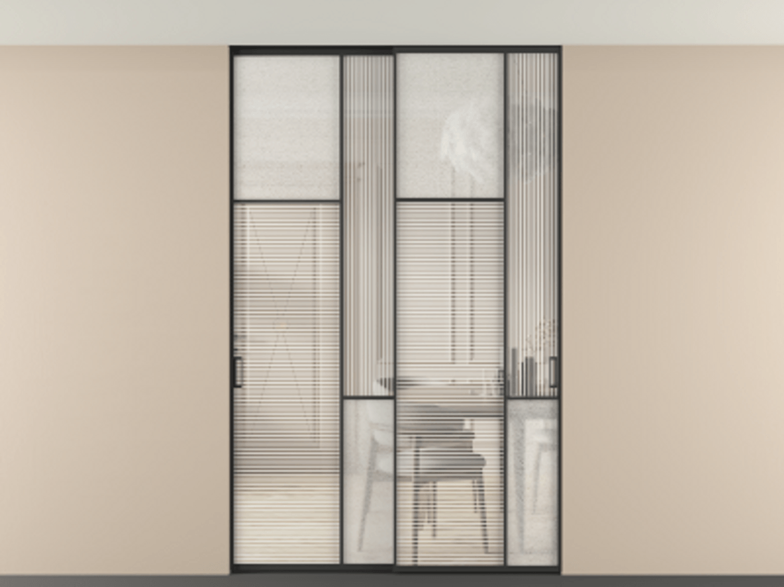 Перегородка Mosaic внутри проёма скрытое крепление в потолок 2 створки АЛПР 041.10 Алюминий Черный Рифлёное стекло "Дюна", триплекс, 6 мм + Фактурное стекло "Лёд", триплекс. Скрытый короб ЧЕР Цена 331020 ₽ . Фабрика дверей Волховец 8 (800) 551 43 19 Перегородка Mosaic внутри проёма скрытое крепление в потолок 2 створки АЛПР 041.10 Алюминий Черный Рифлёное стекло "Дюна", триплекс, 6 мм + Фактурное стекло "Лёд", триплекс Цена 331020 ₽ | Volhovec