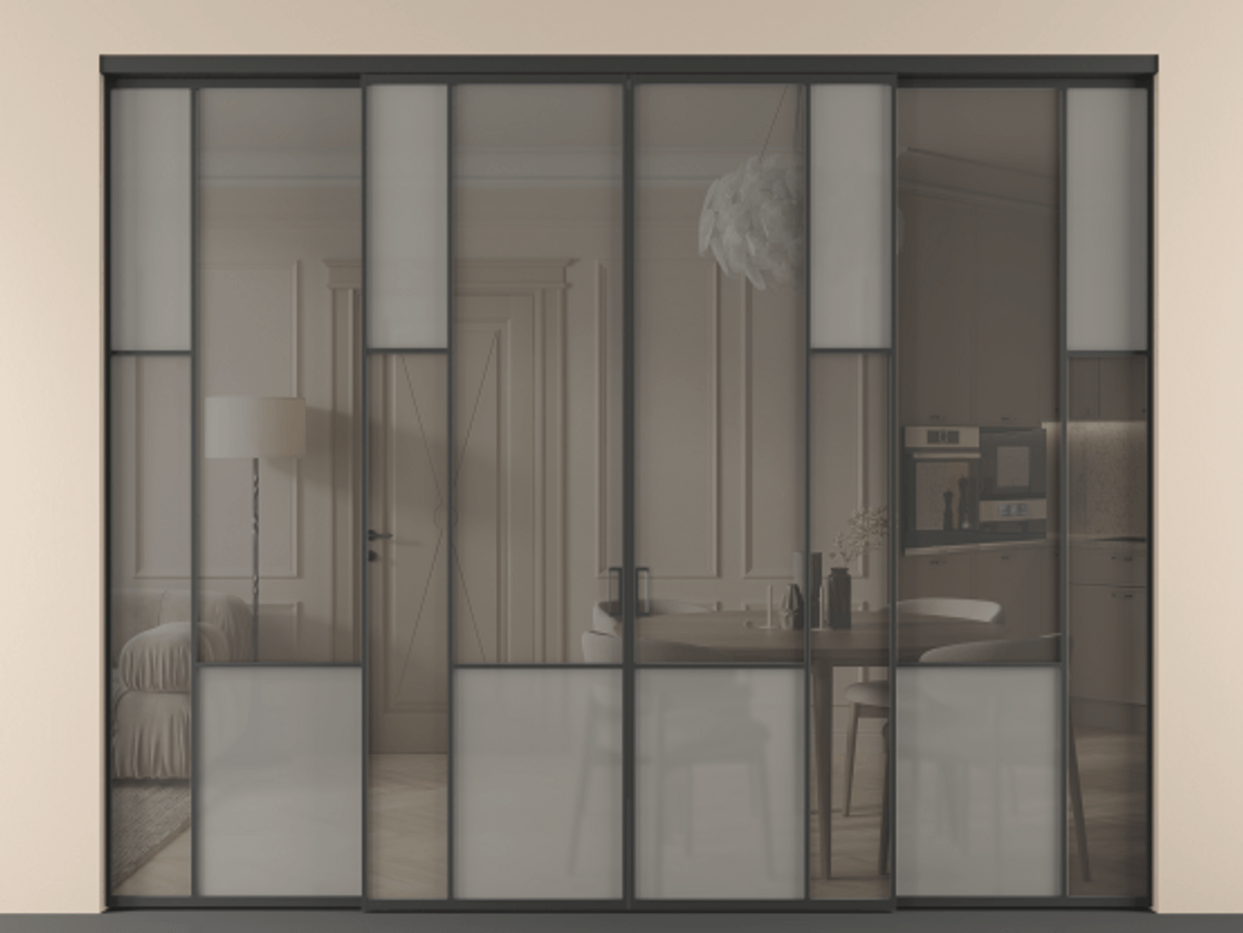 Перегородка Mosaic внутри проёма 4 створки АЛПР 041.12 Алюминий Черный Сатинированное серое стекло, триплекс, 6 мм + Прозрачное серое стекло, триплекс. Скрытый короб ЧЕР Цена 441960 ₽ . Фабрика дверей Волховец 8 (800) 551 43 19 Перегородка Mosaic внутри проёма 4 створки АЛПР 041.12 Алюминий Черный Сатинированное серое стекло, триплекс, 6 мм + Прозрачное серое стекло, триплекс Цена 441960 ₽ | Volhovec