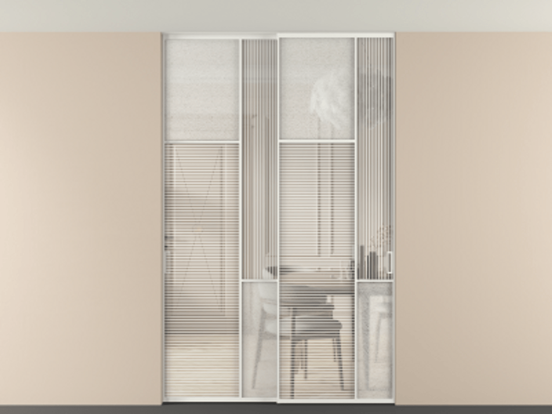 Перегородка Мозаик внутри проёма скрытое крепление в потолок 2 створки АЛПР 041.10 Алюминий светло-серый Рифлёное стекло "Дюна", триплекс, 6 мм + Фактурное стекло "Лёд", триплекс. Цена 340580 ₽ . Фабрика дверей Волховец 8 (800) 551 43 19 Перегородка Мозаик внутри проёма скрытое крепление в потолок 2 створки АЛПР 041.10 Алюминий светло-серый Рифлёное стекло "Дюна", триплекс, 6 мм + Фактурное стекло "Лёд", триплекс Цена 340580 ₽ | Volhovec
