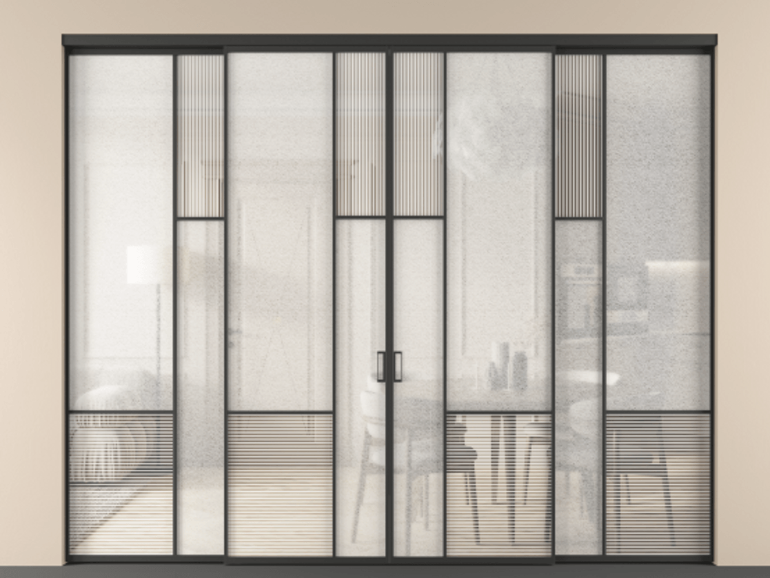 Перегородка Мозаик внутри проёма 4 створки АЛПР 041.13 Алюминий Черный Рифлёное стекло "Дюна", триплекс, 6 мм + Фактурное стекло "Лёд", триплекс. Скрытый короб ЧЕР Цена 473960 ₽ . Фабрика дверей Волховец 8 (800) 551 43 19 Перегородка Мозаик внутри проёма 4 створки АЛПР 041.13 Алюминий Черный Рифлёное стекло "Дюна", триплекс, 6 мм + Фактурное стекло "Лёд", триплекс Цена 473960 ₽ | Volhovec