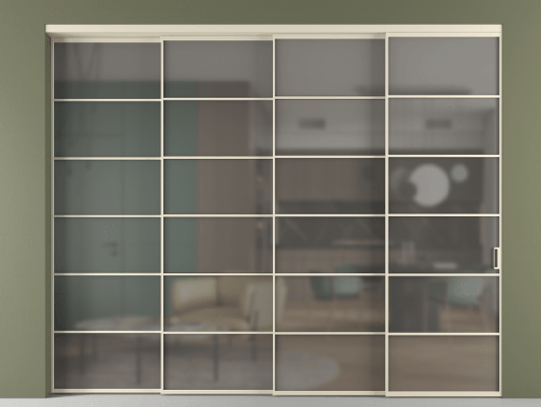 Перегородка Формато внутри проёма 4 створки с синхронным механизмом АЛПР 040.04 Алюминий бежево-серый Сатинированное серое стекло, триплекс. Цена 488680 ₽ 1. Полотно 4 шт. (800/2100 мм)
2. Комплект установки раздвижной системы
3. Базовый комплект фурнитуры
4. Комплект фурнитуры телескопик синхро-3
5. Ручка Рондо. Фабрика дверей Волховец 8 (800) 551 43 19 Перегородка Формато внутри проёма 4 створки с синхронным механизмом АЛПР 040.04 Алюминий бежево-серый Сатинированное серое стекло, триплекс Цена 488680 ₽ | Volhovec