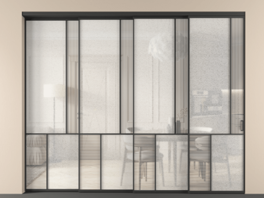 Перегородка Мозаик внутри проёма 4 створки с синхронным механизмом АЛПР 041.21 Алюминий Черный Рифлёное стекло "Дюна", триплекс, 6 мм + Фактурное стекло "Лёд", триплекс. Скрытый короб ЧЕР Цена 592060 ₽ . Фабрика дверей Волховец 8 (800) 551 43 19 Перегородка Мозаик внутри проёма 4 створки с синхронным механизмом АЛПР 041.21 Алюминий Черный Рифлёное стекло "Дюна", триплекс, 6 мм + Фактурное стекло "Лёд", триплекс Цена 592060 ₽ | Volhovec