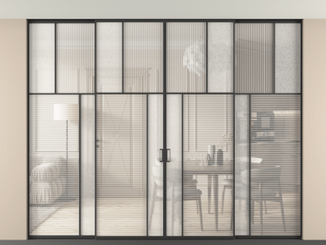 Перегородка Mosaic внутри проёма четырёхстворчатая со скрытым креплением в потолок АЛПР 041.22 Алюминий Черный Рифлёное стекло "Дюна", триплекс, 6 мм + Фактурное стекло "Лёд", триплекс, 6 мм. Скрытый короб ЧЕР Цена 573440 ₽ . Фабрика дверей Волховец 8 (800) 551 43 19 Перегородка Mosaic внутри проёма четырёхстворчатая со скрытым креплением в потолок АЛПР 041.22 Алюминий Черный Рифлёное стекло "Дюна", триплекс, 6 мм + Фактурное стекло "Лёд", триплекс, 6 мм Цена 573440 ₽ | Volhovec