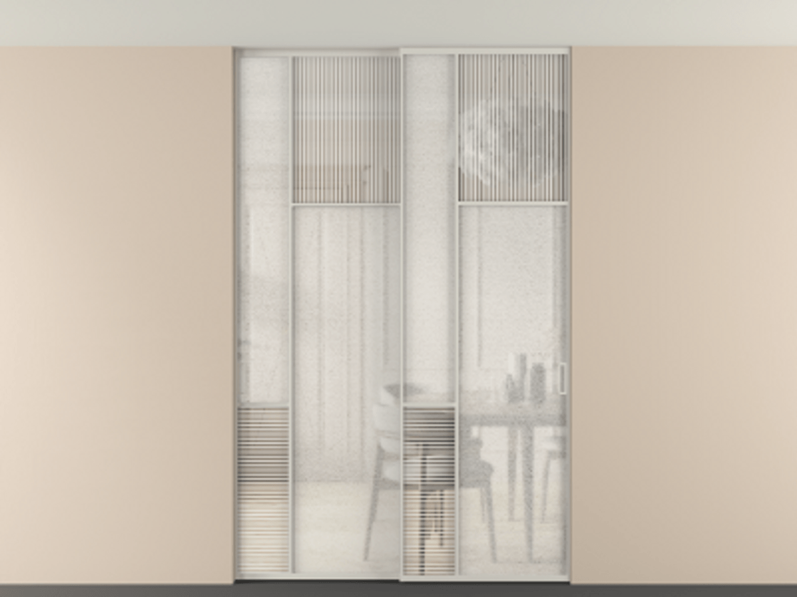 Перегородка Мозаик внутри проёма скрытое крепление в потолок 2 створки АЛПР 041.11 Алюминий тёплый серый Рифлёное стекло "Дюна", триплекс, 6 мм + Фактурное стекло "Лёд", триплекс. Цена 340580 ₽ . Фабрика дверей Волховец 8 (800) 551 43 19 Перегородка Мозаик внутри проёма скрытое крепление в потолок 2 створки АЛПР 041.11 Алюминий тёплый серый Рифлёное стекло "Дюна", триплекс, 6 мм + Фактурное стекло "Лёд", триплекс Цена 340580 ₽ | Volhovec