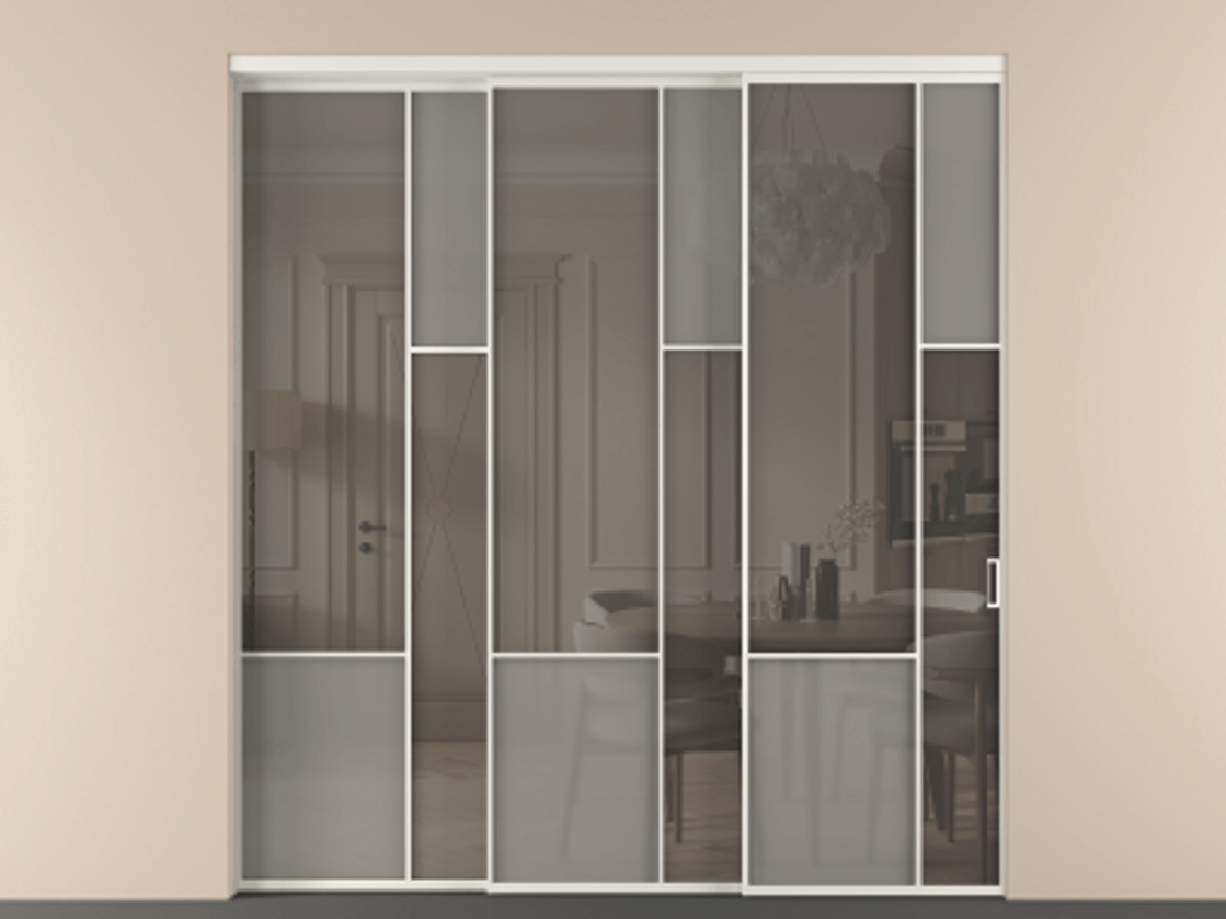 Перегородка Мозаик внутри проёма 3 створки с синхронным механизмом АЛПР 041.12 Алюминий жемчужный Сатинированное серое стекло, триплекс, 6 мм + Прозрачное серое стекло, триплекс. Цена 437390 ₽ . Фабрика дверей Волховец 8 (800) 551 43 19 Перегородка Мозаик внутри проёма 3 створки с синхронным механизмом АЛПР 041.12 Алюминий жемчужный Сатинированное серое стекло, триплекс, 6 мм + Прозрачное серое стекло, триплекс Цена 437390 ₽ | Volhovec