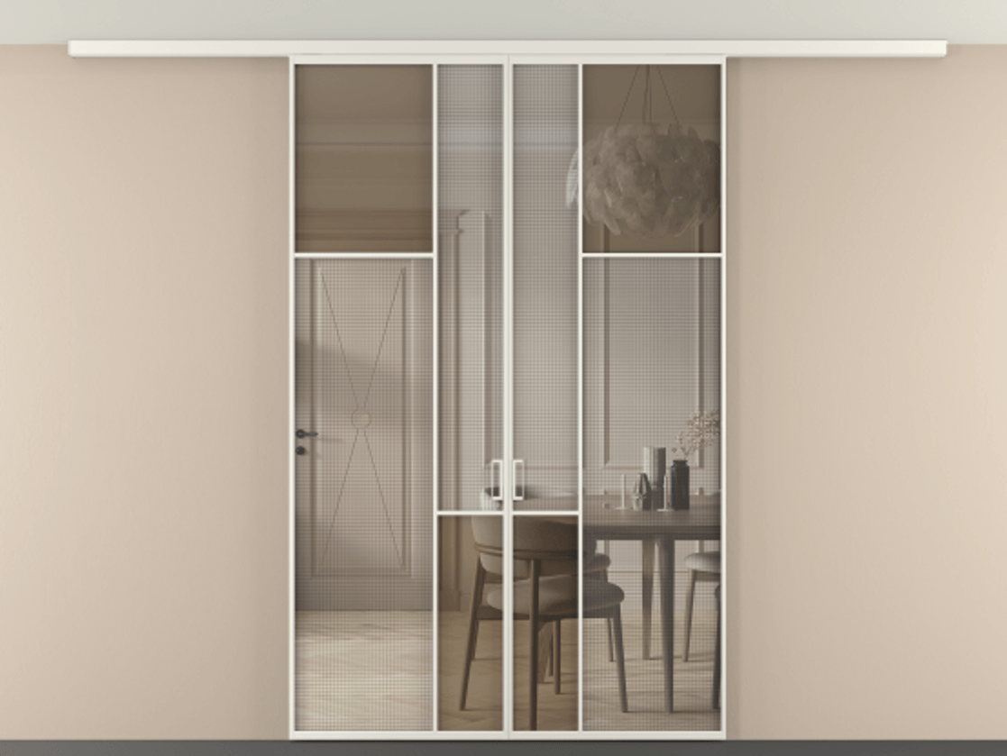 Перегородка Mosaic вдоль стены на потолок 2 створки АЛПР 041.11 Алюминий Белый Декоративное стекло с сеткой "Mesh silver", триплекс, 6 мм + Прозрачное бронзовое стекло, триплекс. Скрытый короб БЕЛ Цена 264320 ₽ . Фабрика дверей Волховец 8 (800) 551 43 19 Перегородка Mosaic вдоль стены на потолок 2 створки АЛПР 041.11 Алюминий Белый Декоративное стекло с сеткой "Mesh silver", триплекс, 6 мм + Прозрачное бронзовое стекло, триплекс Цена 264320 ₽ | Volhovec