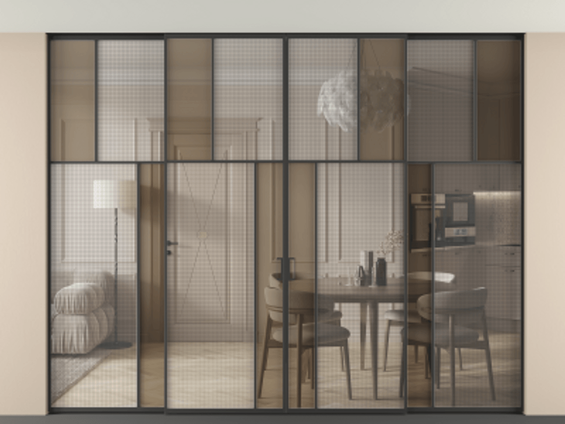 Перегородка Mosaic внутри проёма четырёхстворчатая со скрытым креплением в потолок АЛПР 041.22 Алюминий Черный Декоративное стекло с сеткой "Mesh silver", триплекс, 6 мм + Прозрачное бронзовое стекло, триплекс, 6 мм. Скрытый короб ЧЕР Цена 621980 ₽ . Фабрика дверей Волховец 8 (800) 551 43 19  Перегородка Mosaic внутри проёма четырёхстворчатая со скрытым креплением в потолок АЛПР 041.22 Алюминий Черный Декоративное стекло с сеткой "Mesh silver", триплекс, 6 мм + Прозрачное бронзовое стекло, триплекс, 6 мм Цена 621980 ₽ | Volhovec