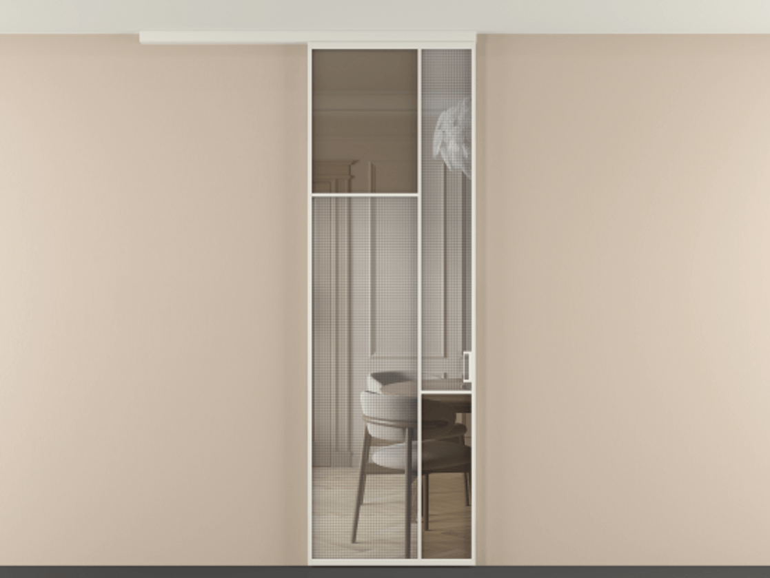 Перегородка Mosaic вдоль стены на потолок 1 створка АЛПР 041.10 Алюминий Белый Декоративное стекло с сеткой "Mesh silver", триплекс, 6 мм + Прозрачное бронзовое стекло, триплекс. Скрытый короб БЕЛ Цена 135560 ₽ . Фабрика дверей Волховец 8 (800) 551 43 19 Перегородка Mosaic вдоль стены на потолок 1 створка АЛПР 041.10 Алюминий Белый Декоративное стекло с сеткой "Mesh silver", триплекс, 6 мм + Прозрачное бронзовое стекло, триплекс Цена 135560 ₽ | Volhovec