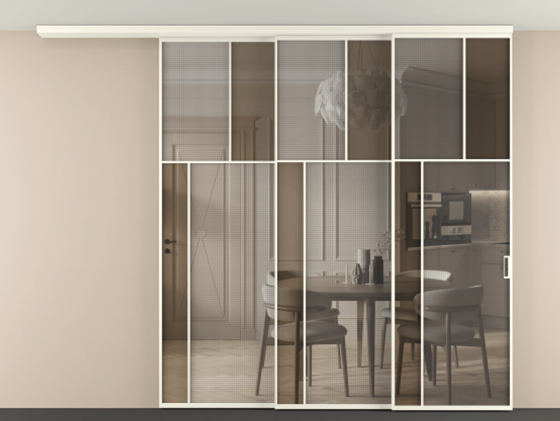 Перегородка Mosaic вдоль стены телескопик синхро 3 АЛПР 041.22 Алюминий жемчужный Декоративное стекло с сеткой "Mesh silver", триплекс, 6 мм + Прозрачное бронзовое стекло, триплекс. Цена 488080 ₽ . Фабрика дверей Волховец 8 (800) 551 43 19 Перегородка Mosaic вдоль стены телескопик синхро 3 АЛПР 041.22 Алюминий жемчужный Декоративное стекло с сеткой "Mesh silver", триплекс, 6 мм + Прозрачное бронзовое стекло, триплекс Цена 488080 ₽ | Volhovec