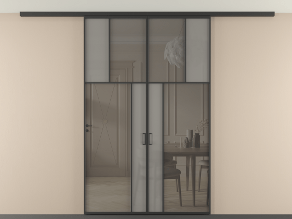 Перегородка Mosaic вдоль стены на потолок двустворчатая АЛПР 041.22 Алюминий Черный Сатинированное серое стекло, триплекс, 6 мм + Прозрачное серое стекло, триплекс, 6 мм. Скрытый короб ЧЕР Цена 237920 ₽ . Фабрика дверей Волховец 8 (800) 551 43 19 Перегородка Mosaic вдоль стены на потолок двустворчатая АЛПР 041.22 Алюминий Черный Сатинированное серое стекло, триплекс, 6 мм + Прозрачное серое стекло, триплекс, 6 мм Цена 237920 ₽ | Volhovec