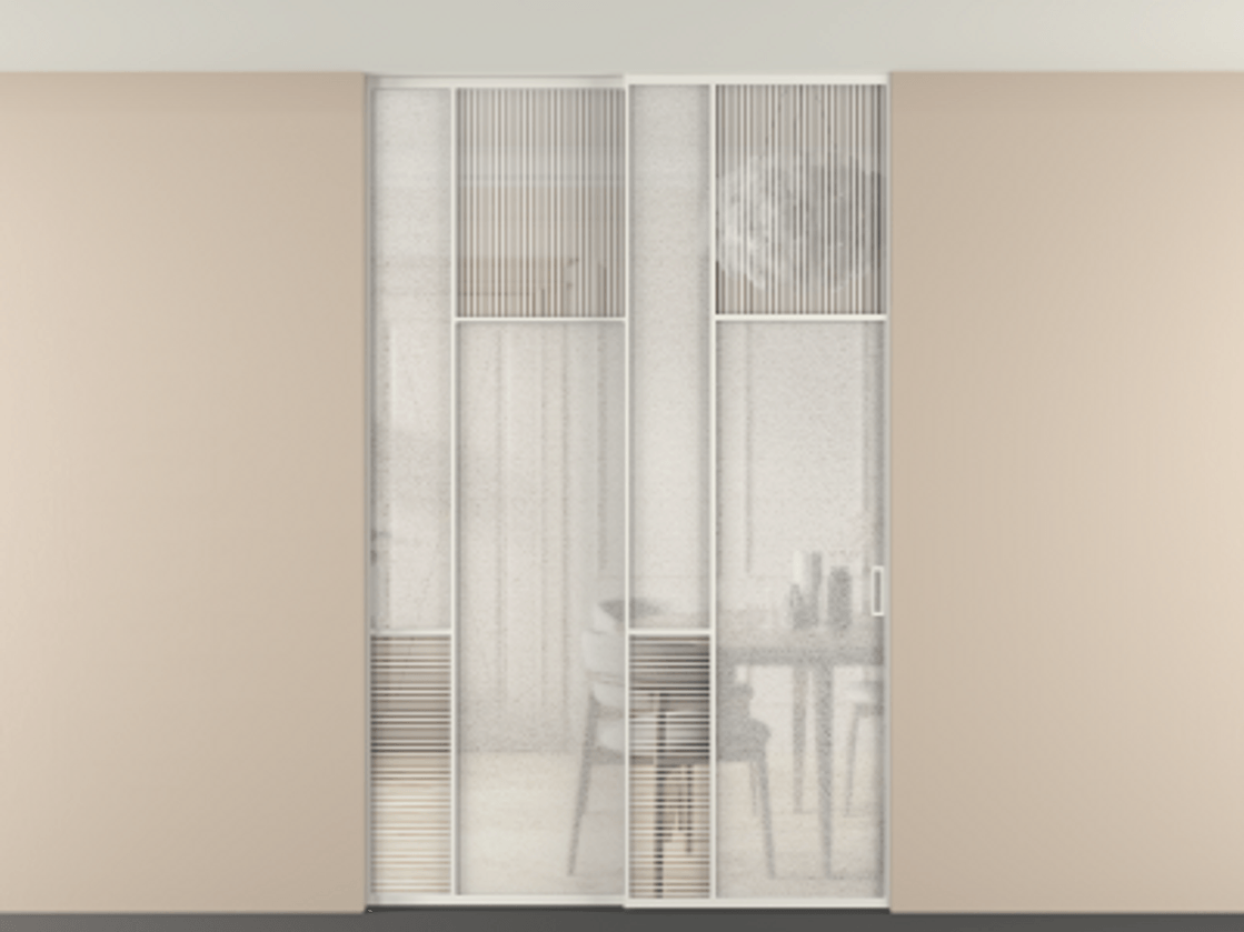 Перегородка Мозаик внутри проёма скрытое крепление в потолок 2 створки АЛПР 041.11 Алюминий Белый Рифлёное стекло "Дюна", триплекс, 6 мм + Фактурное стекло "Лёд", триплекс. Скрытый короб БЕЛ Цена 331020 ₽ . Фабрика дверей Волховец 8 (800) 551 43 19 Перегородка Мозаик внутри проёма скрытое крепление в потолок 2 створки АЛПР 041.11 Алюминий Белый Рифлёное стекло "Дюна", триплекс, 6 мм + Фактурное стекло "Лёд", триплекс Цена 331020 ₽ | Volhovec