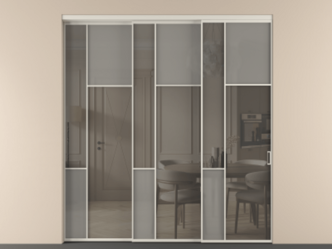 Перегородка Мозаик внутри проёма 3 створки с синхронным механизмом АЛПР 041.11 Алюминий облачно-серый Сатинированное серое стекло, триплекс, 6 мм + Прозрачное серое стекло, триплекс. Цена 437390 ₽ . Фабрика дверей Волховец 8 (800) 551 43 19 Перегородка Мозаик внутри проёма 3 створки с синхронным механизмом АЛПР 041.11 Алюминий облачно-серый Сатинированное серое стекло, триплекс, 6 мм + Прозрачное серое стекло, триплекс Цена 437390 ₽ | Volhovec