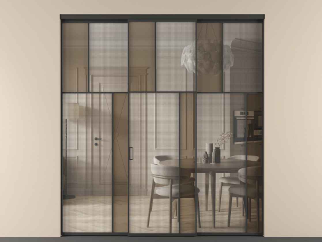 Перегородка Mosaic внутри проёма трёхстворчатая АЛПР 041.23 Алюминий Черный Декоративное стекло с сеткой "Mesh silver", триплекс, 6 мм + Прозрачное бронзовое стекло, триплекс, 6 мм. Скрытый короб ЧЕР Цена 359080 ₽ . Фабрика дверей Волховец 8 (800) 551 43 19 Перегородка Mosaic внутри проёма трёхстворчатая АЛПР 041.23 Алюминий Черный Декоративное стекло с сеткой "Mesh silver", триплекс, 6 мм + Прозрачное бронзовое стекло, триплекс, 6 мм Цена 359080 ₽ | Volhovec