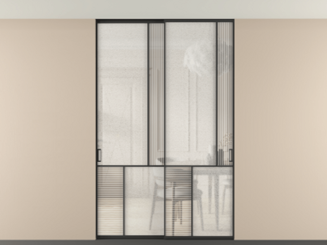 Перегородка Mosaic внутри проёма двустворчатая со скрытым креплением в потолок АЛПР 041.21 Алюминий Черный Рифлёное стекло "Дюна", триплекс, 6 мм + Фактурное стекло "Лёд", триплекс, 6 мм. Скрытый короб ЧЕР Цена 313020 ₽ . Фабрика дверей Волховец 8 (800) 551 43 19  Перегородка Mosaic внутри проёма двустворчатая со скрытым креплением в потолок АЛПР 041.21 Алюминий Черный Рифлёное стекло "Дюна", триплекс, 6 мм + Фактурное стекло "Лёд", триплекс, 6 мм Цена 313020 ₽ | Volhovec