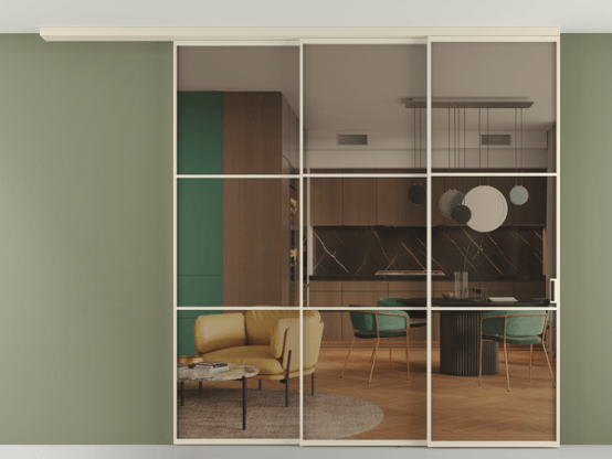 Алюминевая перегородка pv3_03_ Алюминий бежево-серый Бронза прозрачное. Цвет Алюминий бежево-серый. Материал Алюминий в эмали. Коллекция Перегородка Формато вдоль стены на потолок 3 створки с синхронным механизмом. Фото. Алюминевая перегородка pv3_03_ Алюминий бежево-серый Бронза прозрачное. Цвет Алюминий бежево-серый. Материал Алюминий в эмали. Коллекция Перегородка Формато вдоль стены на потолок 3 створки с синхронным механизмом. Картинка.