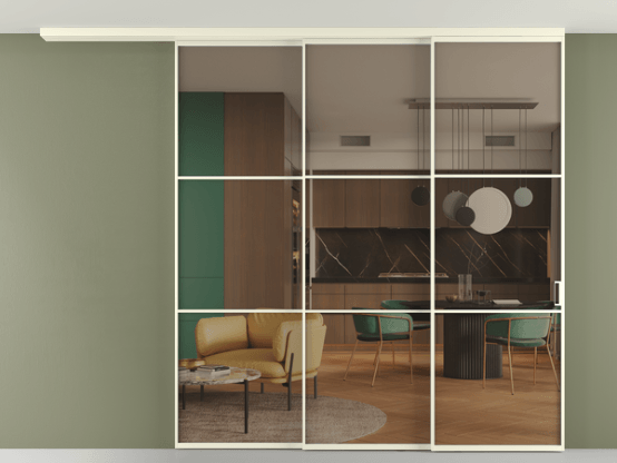 Алюминевая перегородка АЛПР 040.03_АМБ_Бронза триплекс_new. Цвет Алюминий молочно-белый. Материал Алюминий в эмали. Коллекция Перегородка Формато вдоль стены на потолок 3 створки с синхронным механизмом. Фото. Алюминевая перегородка АЛПР 040.03_АМБ_Бронза триплекс_new. Цвет Алюминий молочно-белый. Материал Алюминий в эмали. Коллекция Перегородка Формато вдоль стены на потолок 3 створки с синхронным механизмом. Картинка.